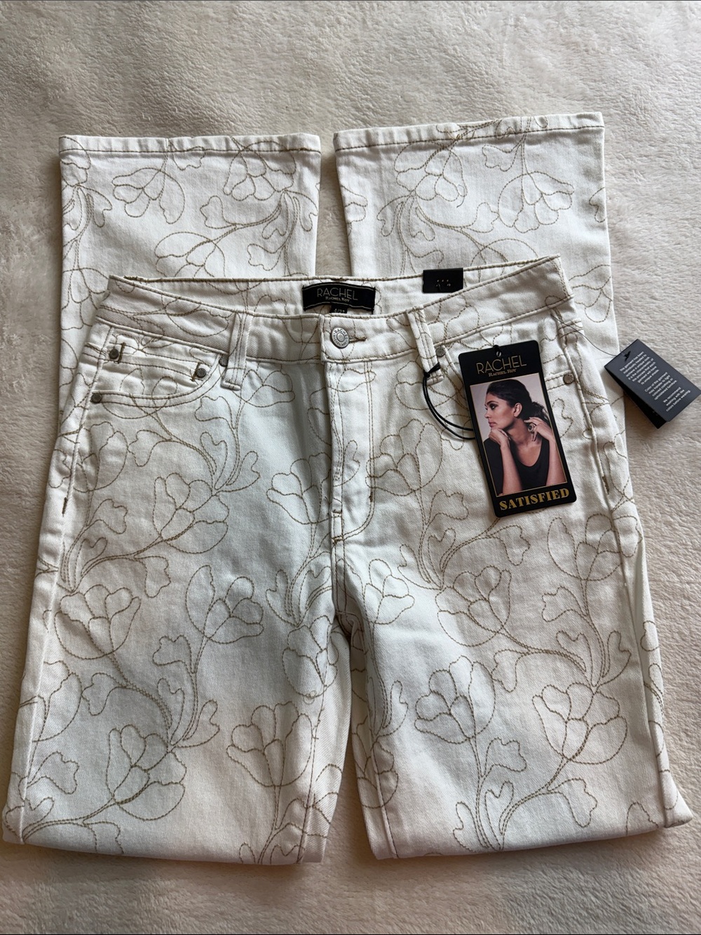 NWT Rachel Rachel Roy Satisfied White Floral Beige Embroidered Bootcut Jeans 4 - Picture 5 of 14